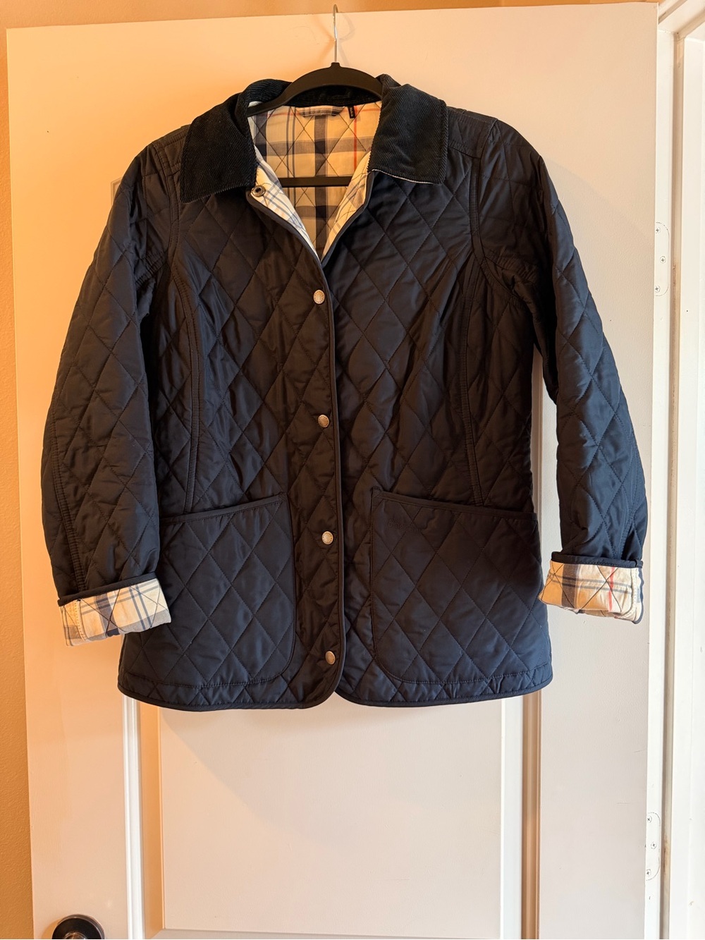 Barbour Navy Quilted Utility Jacket with Plaid Lining